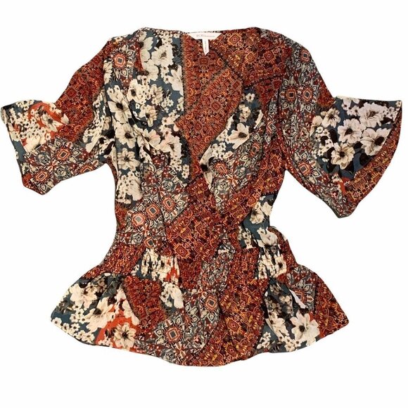 BCBGeneration Sheer Multicolor Peplum Ruffle V Neck Blouse Romantic Sz M#229i - Picture 4 of 6